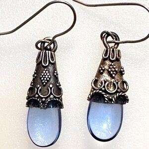 Sterling Silver Hook Dangle Earrings Blue Glass Teardrop Stone 1971 L